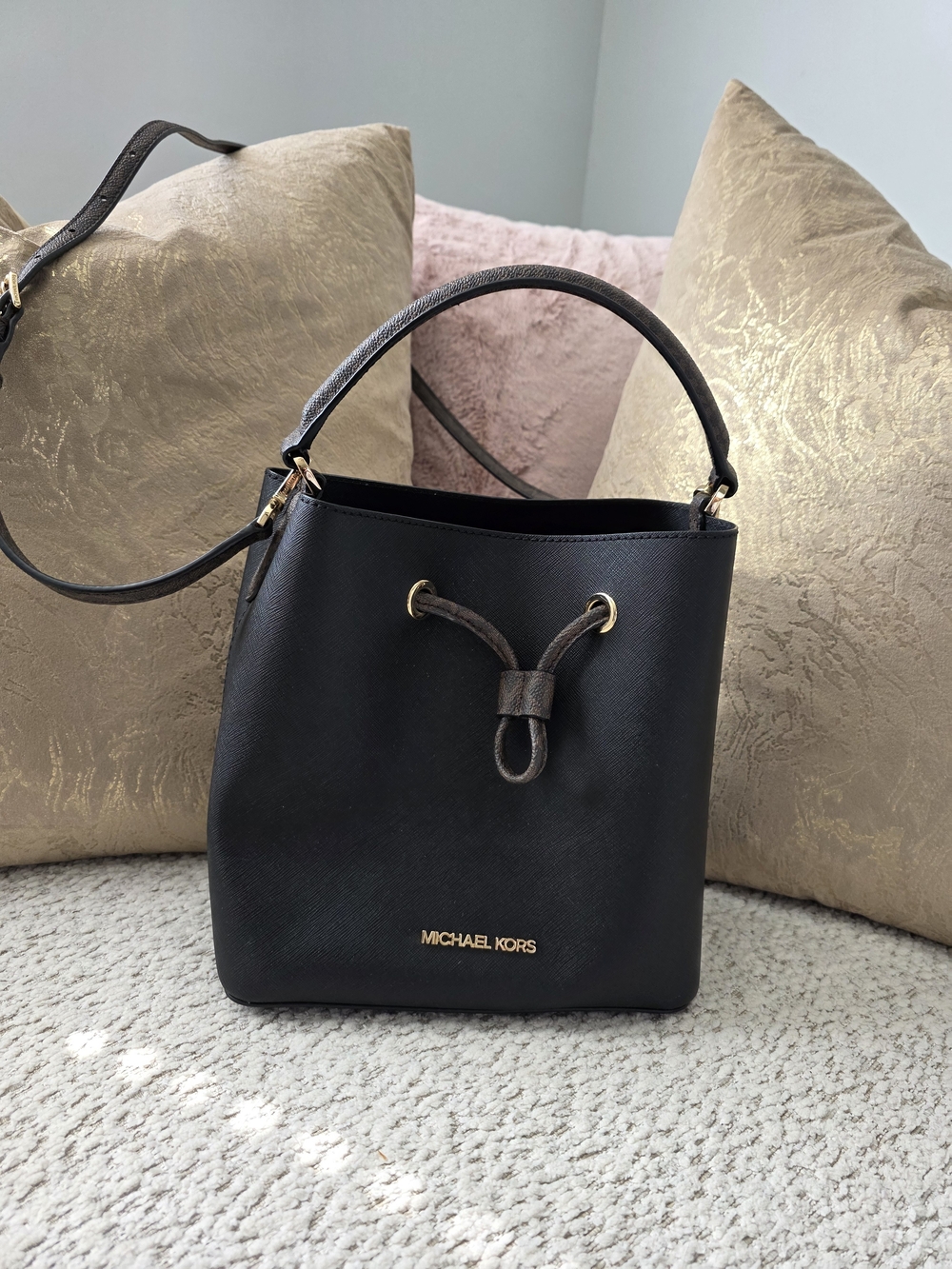 Michael Kors Black Mercer Leather Drawstring Bucket Bag with Gold Hardware